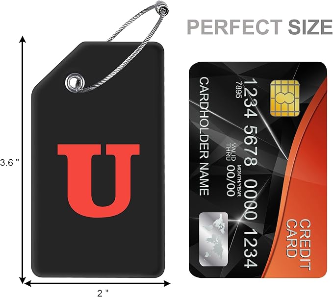 8 Pcs Luggage Tags for Suitcases, 26 Initial Letter Travel Luggage Baggage Identification Labels ID Tags Fully Bendable Tags with Stainless Steel Loop (Letter U, Black)