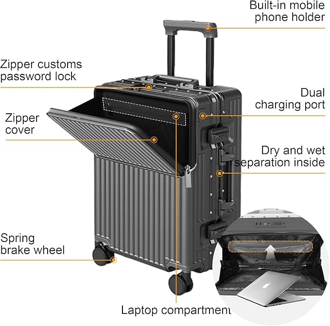 2-Piece Hardshell Zipperless Luggage Set, 20/26" Aluminum Frame Hardshell Spinner Luggage, Airline Approved Carry-On Luggage, TSA Lock, 360° Quiet Wheels With Cup Holder (grey)