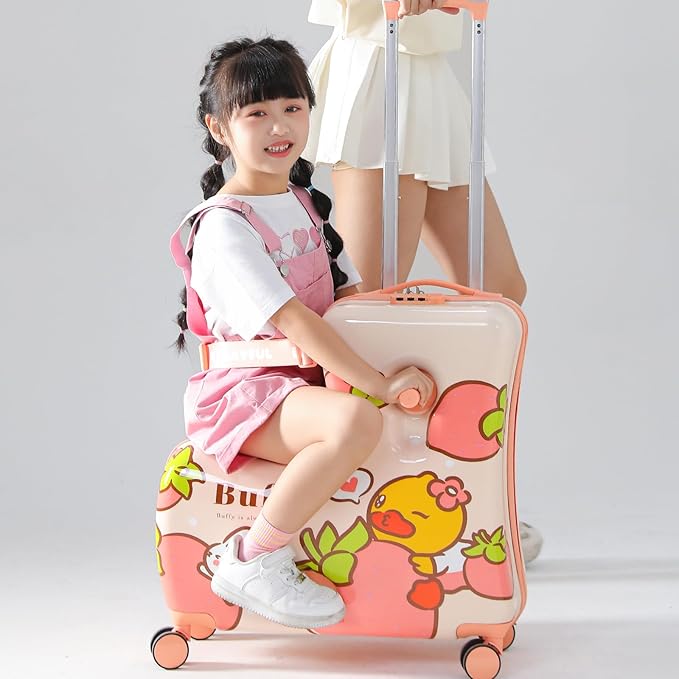 Kids' Lightweight Ride on Luggage with Spinner Wheels & Foldabe Design (Pink Strawberry, 24"+ Aged 3-12 Toddler)