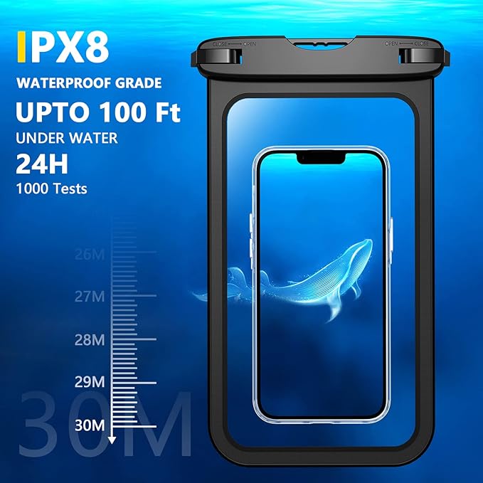 Temdan 2 Pcs Waterproof Phone Pouch, [Up to 10" Large] Universal IPX8 Waterproof Cell Phone Case Dry Bag with Lanyard for iPhone 16 Pro Max/16E/15/14/13,Galaxy S25 Ultra/S24/S23 for Vacation -Black