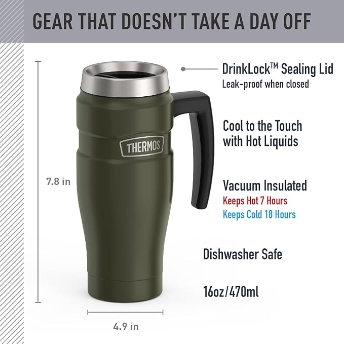 THERMOS Stainless King Vacuum-Insulated Travel Mug, 16 Ounce, Army Green