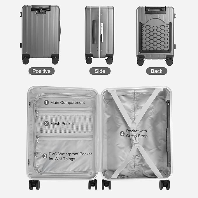 MRPLUM Carry On Luggage Double Handle Suitcase with Net Pocket,Hard Shell Spinner Wheels Luggage with TSA Lock&Seat Belt,20 inch,Grey