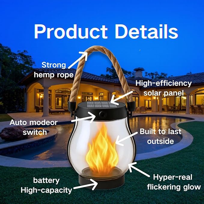 Solar Lantern Outdoor Lights, Flickering LED with Hemp Rope Handle, Dual Charging (Solar & USB), Water-Resistant Hanging Decor for Garden, Yard, Patio, Porch, Pathway, Camping (4)