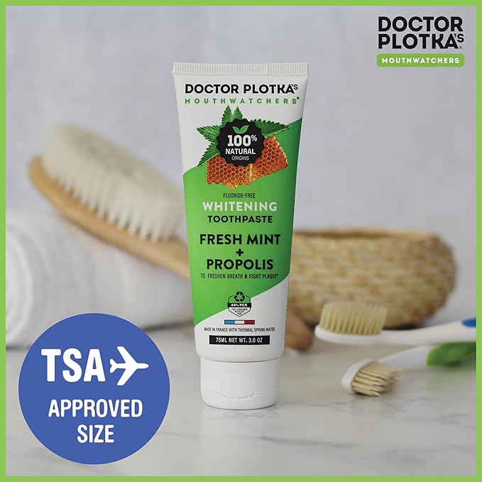 MOUTHWATCHERS Whitening Fluoride Free Naturally Sourced Toothpaste, 2 Tubes, 3 oz Each, for Sensitive Teeth and Gums, Fresh Organic Mint and Organic Propolis, by Dr. Plotka's