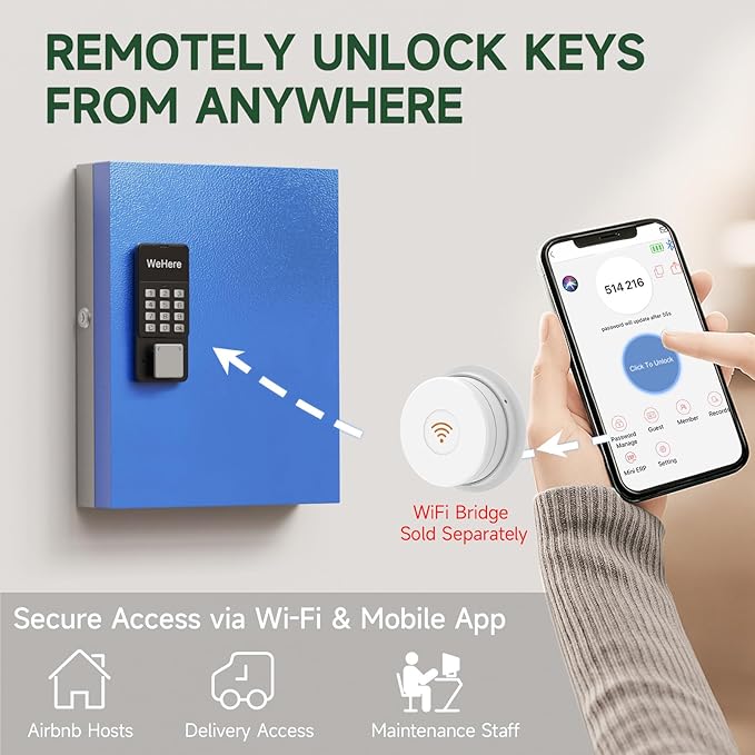 WeHere 32 Key Lock Box Wall Mount, APP Bluetooth/One Time Password Share/Wi-Fi Remote/Fixed Code/Key Unlock, Smart Key Cabinet, Key Organizer Box for Apartment, Home, Office, School Key Manage