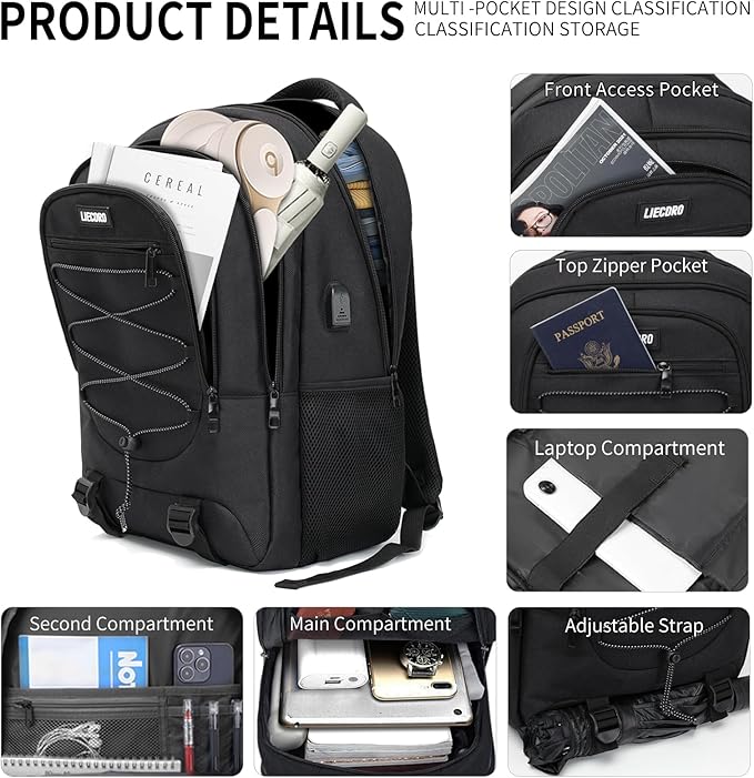 Black Backpack for Men, Backpack for School, School Backpacks for Boys Teens, 15.6 inch Laptop Back Pack with USB Charging Port, Large College Book Bag, Business Work Travel Bookbag
