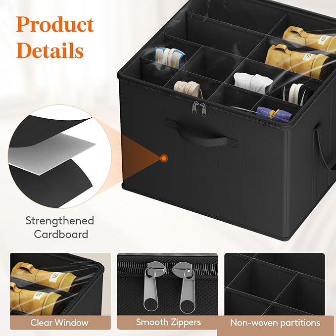 Lifewit Shoe Storage Organizer for Closet, Fits 12-16 Pairs, Large Shoe Box Storage Containers with Clear Cover and Reinforced Handles, Foldable Storage Bins Fit for Boots Heels Sneakers, 1 Pack Black