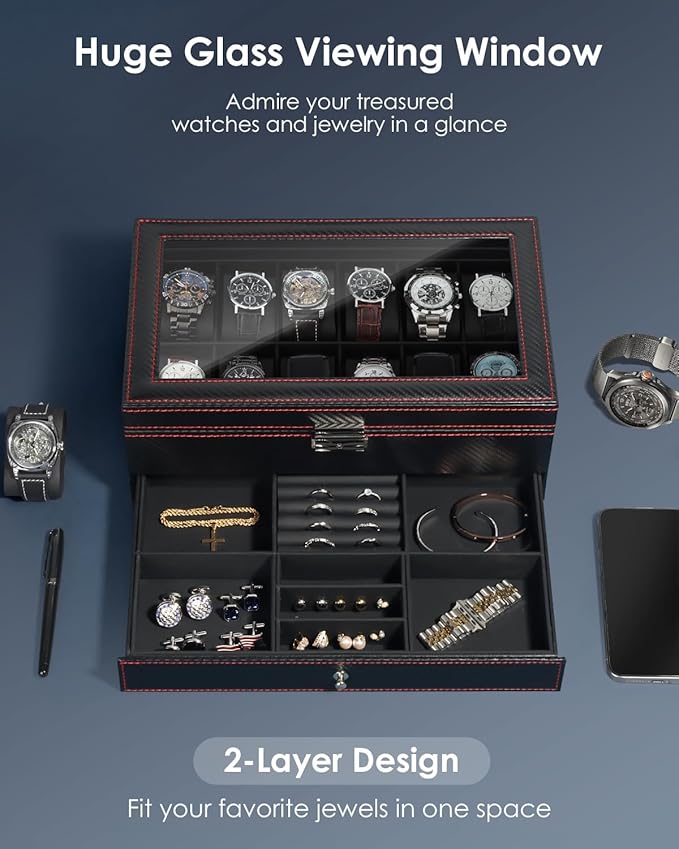 Watch Box Jewelry Organizer, 12-Slot 2-Layer Watch Case Storage with Large Glass Lid, Watch Storage Case for Men with Lock, Watch Holder Display Case, Gift for Men Women
