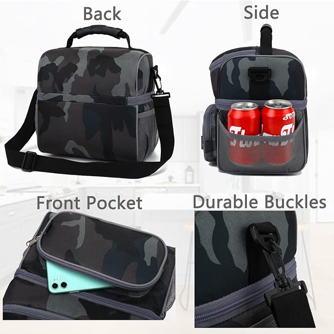 FlowFly Double Layer Cooler Insulated Lunch Bag Adult Lunch Box Large Tote Bag for Men, Women, With Adjustable Strap,Front Pocket and Dual Large Mesh Side Pockets