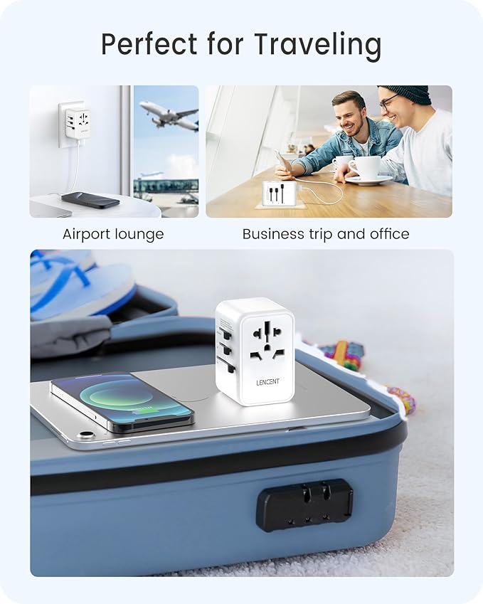 LENCENT Universal Travel Adapter, GaN III 65W International Charger with 2 USB Ports & 3 Type-C PD Fast Charging, Worldwide Outlet Adaptor for iPhone,Laptops, Type A/C/G/I (USA/UK/EU/AUS)
