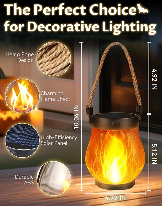 Kaliqo Solar Lantern Outdoor Lights - Official, Waterproof Kaliqo Solar Flame Lights Hangable with Dancing Flame, Hemp Rope Hanging Flame Lanterns,Dual Charging Modes, Smokeless (4pcs)