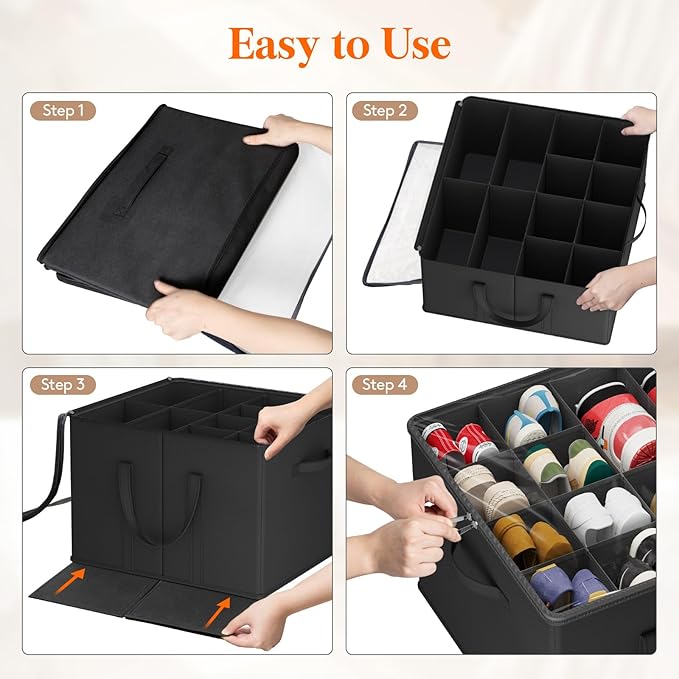 Lifewit Shoe Storage Organizer for Closet, Fits 12-16 Pairs, Large Shoe Box Storage Containers with Clear Cover and Reinforced Handles, Foldable Storage Bins Fit for Boots Heels Sneakers, 1 Pack Black