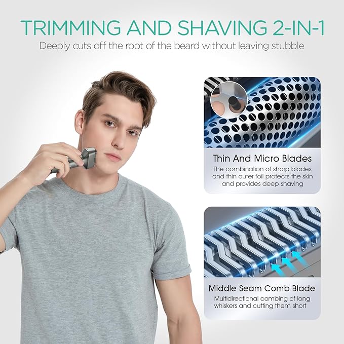 VOYOR Foil Shaver Electric Razor for Men 3 in 1 Shavers for Men with Double Foil Wet & Dry Face Shaver Lightweight Handheld Smooth Shave IPX6 Washable USB-C Rechargeable Travel Razor TX310 (Gray)