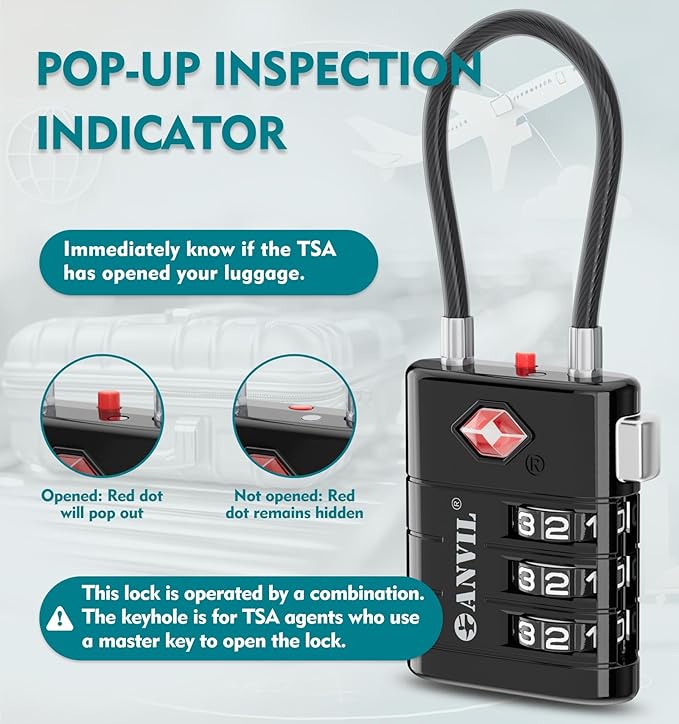 ANVIL TSA Approved Luggage Locks – High Security TSA008 Combination Travel Locks with Inspection Indicator for Suitcases and Backpacks. (3, Black)