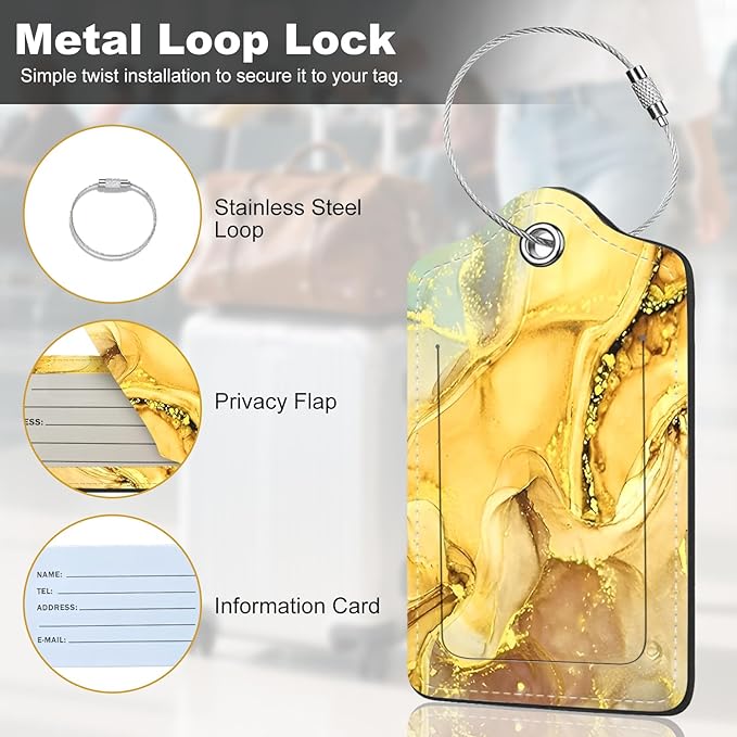 2Pack Luggage Tags for Suitcases, Cute Unique Pu Leather Cruise Luggage Tag with Privacy Cover ID Label Address Card and Metal Ring Suitable for Women Men Kids Travel Bag Golden Marble