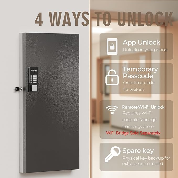 WeHere 120 Key Lock Box Wall Mount, APP Bluetooth/OTP/Wi-Fi/Fixed Code/Key Unlock, Smart Key Cabinet with Key Tag, Key Organizer Holder Box, Key Management Directory for Office, Valet, Realtor, Hotel