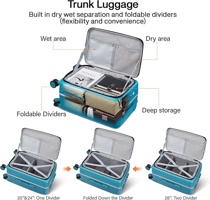 Hanke 28 Inch Luggage with Cup Holder and Charge,Top Opening Hard Shell Suitcases with Wheels and Dividers,Aluminum Frame Trunk Luggage Extra Large Suitcase with Lock for Travel,Caribbean Blue