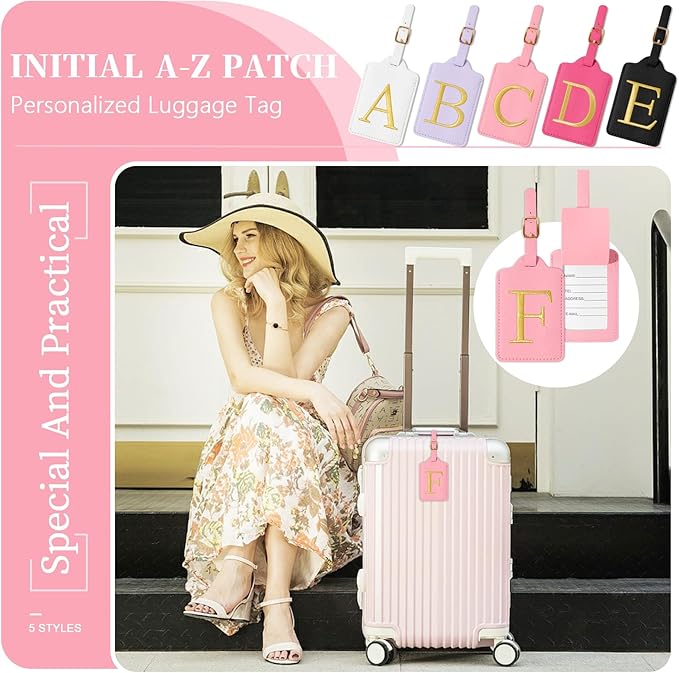 Personalized Initial Luggage Tags for Suitcase, Pink Leather Cute Luggage Tags with Privacy Cover Name Card, Embroidered Custom Monogrammed Luggage Tag Travel Bag Baggage Tags Gifts for Women Kids(F)