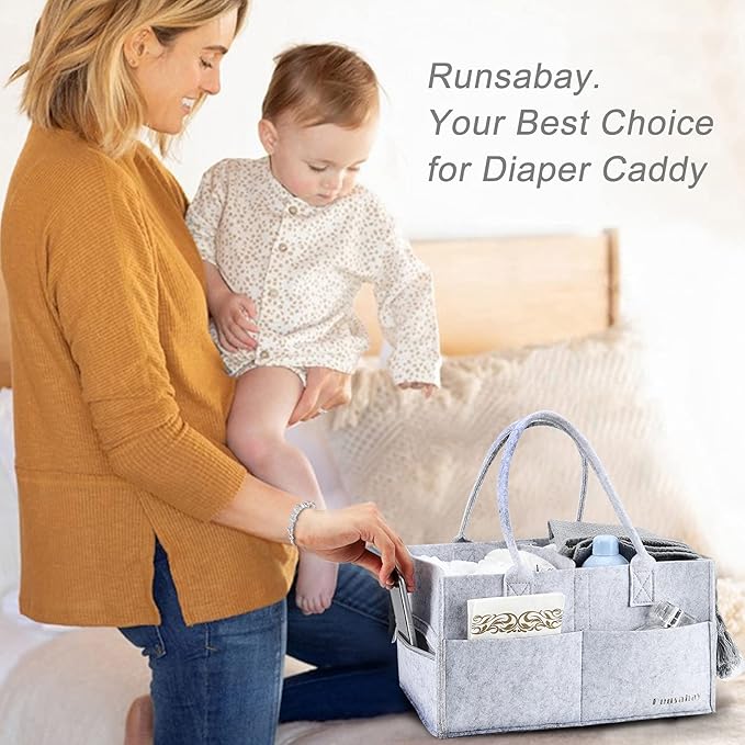 Runsabay. Nursery Basket-Baby Diaper Caddy Organizer for Changing Table-Portable Holder Tote Bag-Car Organizer with Removable Divider-Best Shower Gift Basket for Newborns Registry- Grey & Large Size