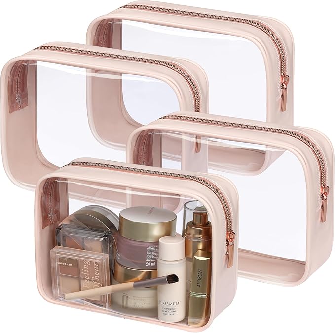 PACKISM TSA Approved Toiletry Bag - Clear Makeup Bag Waterproof Quart Size Bag, Travel Makeup Cosmetic Bag for Women, Carry on Airport Airline Compliant Bag, 4 Pack