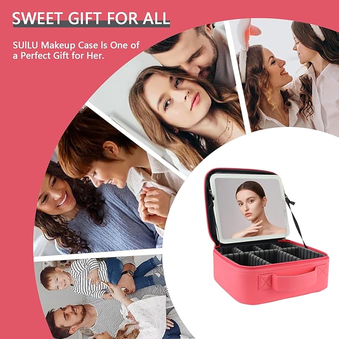 Makeup Bag with Led Mirror,Travel Makeup Organizer with 3 Color Setting & 10X Magnifying Mirror, Portable Storage and Adjustable Dividers Travel Makeup Bag-light red