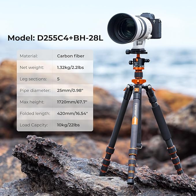 K&F Concept 68" Carbon Fiber Camera Tripod,Compact Tripods with Metal Ball Head,Quick Release Plate,Detachable Monopod 22lbs Load for DSLR Cellphone Tripods(SA255C1) D255C4+BH-28L