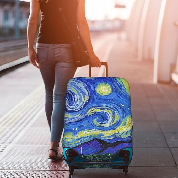Vincent Van Gogh Starry Sky Night Luggage Cover Washable Suitcase Protector, Luggage Tag Travel Birthday Gifts For Men Women (M 22-25 Inch Luggage)