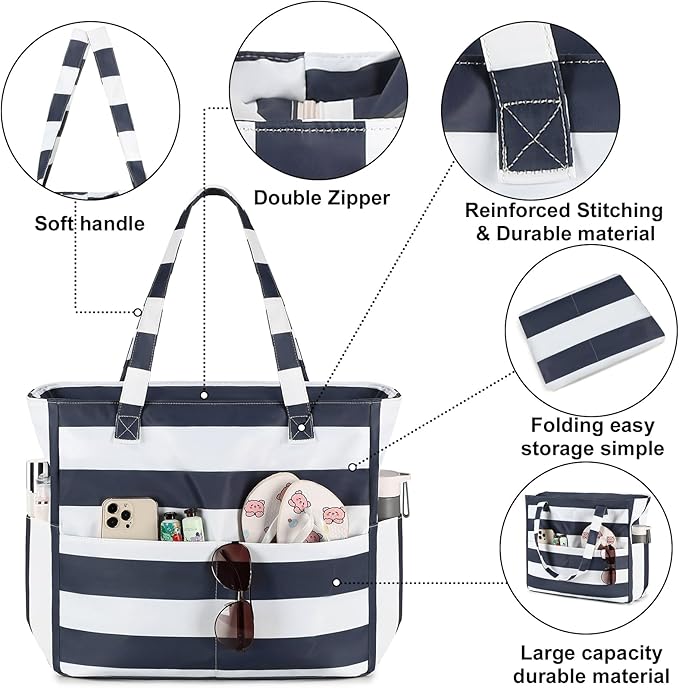 Waterproof Beach Tote Pool Bags for Women Ladies Extra Large Gym Tote Carry On Bag With Wet Compartment for Weekender Travel