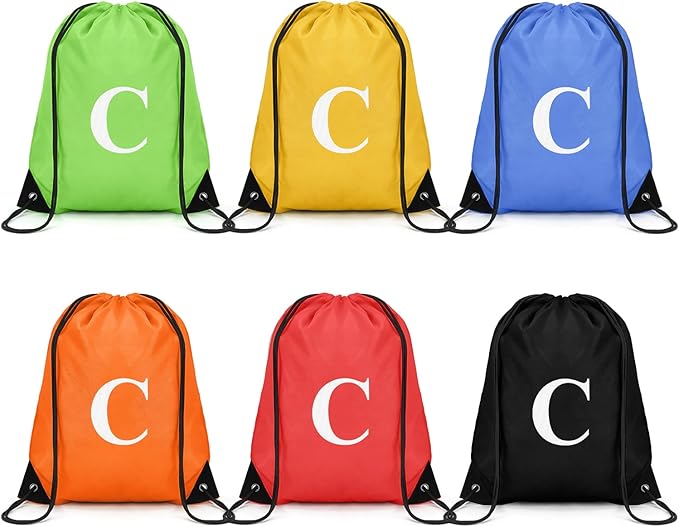 ZOMFELT 6Pcs Drawstring Backpack Drawstring Gym Bags, Foldable Draw String Backpack with Multiple Colors and Letters, Lightweight Polyester Cinch Bag for Gift, Beach, Sports, Travel, Swim (Letter C)