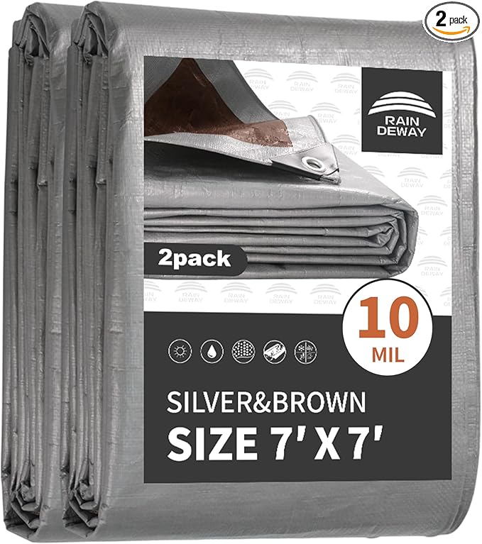 RAINDEWAY Tarps Heavy Duty Waterproof 7x7 Feet (2 Pack), 10Mil Multipurpose Poly Tarp Cover with Metal Grommets and Reinforced Edges, Silver/Brown Tarp