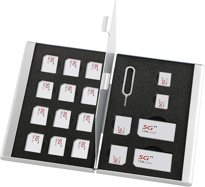Aluminum SIM Card Case, 19Slots Ultrathin SIM Card Holder, Fit for 2 SIM Card, 14 Micro sim Card, 2 Nano sim Card and 1 Cell Phone Eject Pin Slots, Silver