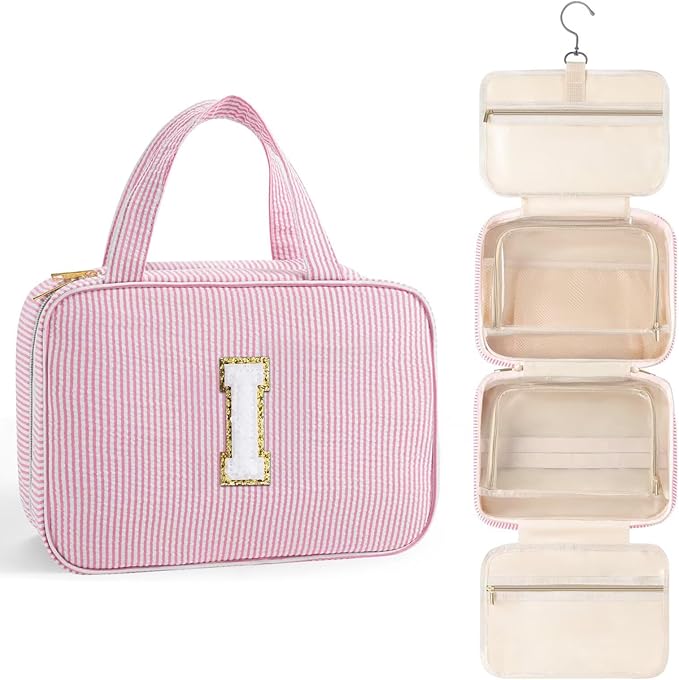 TOPEAST Travel Toiletry Bag for Women - Hanging Toiletry Bag Initial Makeup Bag, Portable Toiletries Cosmetic Bag, Airplane Travel Essentials - Letter I, Pink