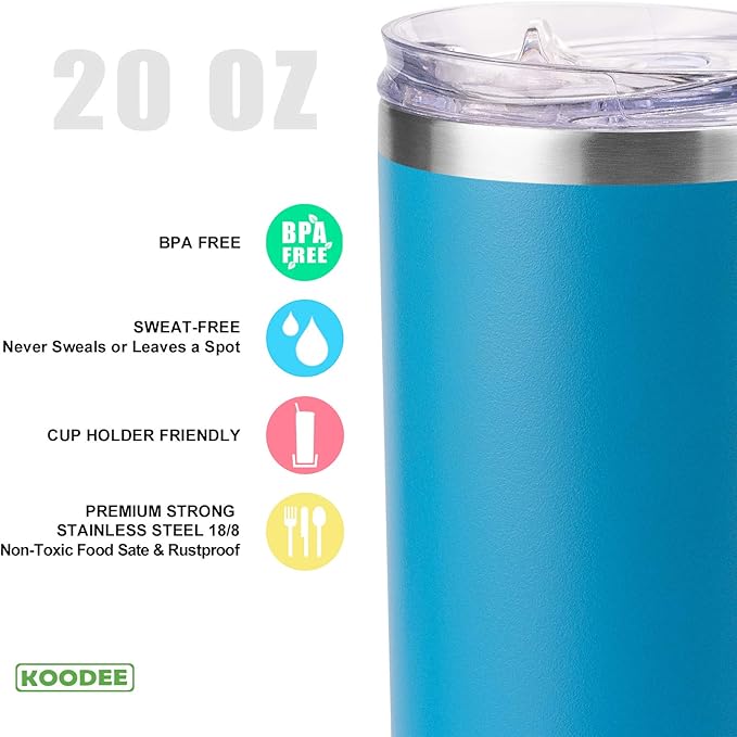 koodee 20 oz Tumbler with Lid and Straw-2 Pack Stainless Steel Insulated Coffee Tumbler Cup, Beach Cup Mug for Women/Men Diy Birthday Gift (Sky Blue-Pink)