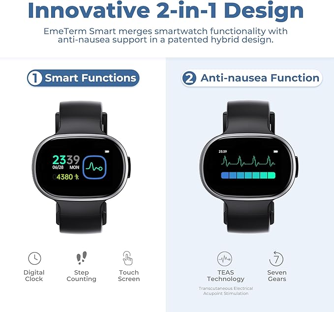 EmeTerm Smart FDA-Cleared Anti-Nausea Wristwatch Touchscreen IP67 Waterproof Morning Motion Sickness Relief Rechargeable Fast Acting Drug Free (2 Pack Black with Extra Gel)