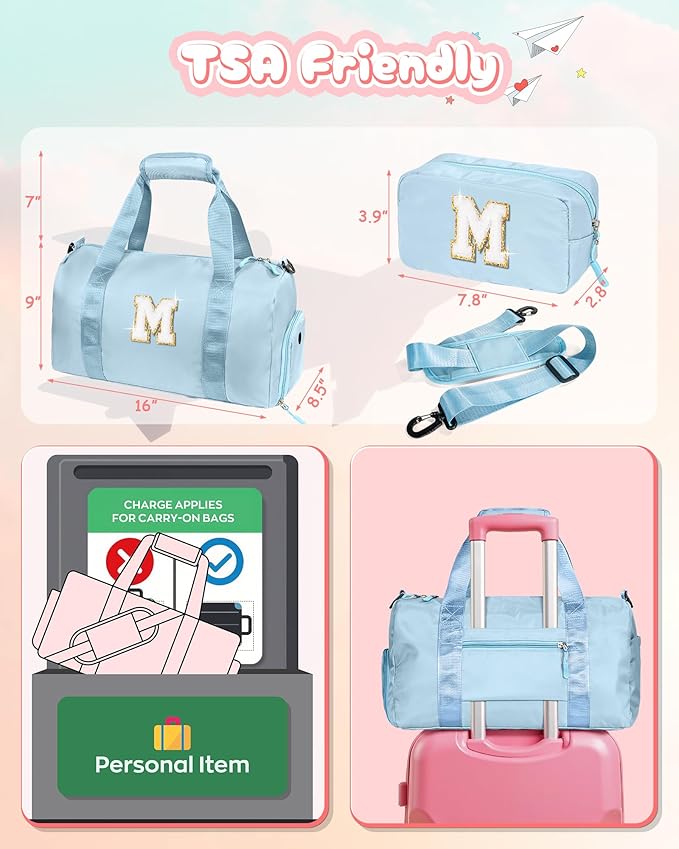 Gifts for 4 5 6 7 8 9 10 Year Old Girls-Girl Gym Bag with Shoe Compartment, Kid Personalized Weekender Overnight Bags, Initial Travel Tote with Makeup Pouch, Gift for Daughter (Letter G)