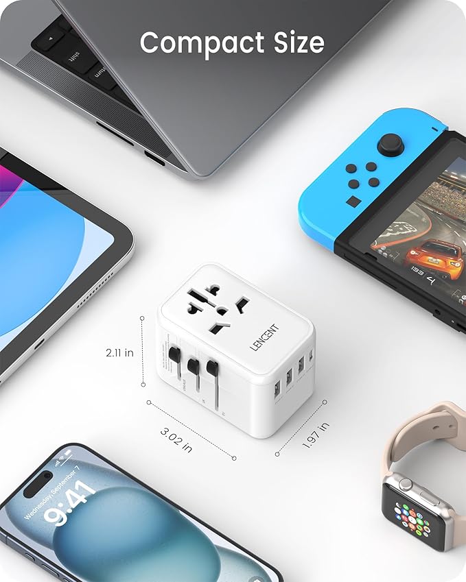 LENCENT Universal Travel Adapter, GaN III 45W International Charger with 3 USB Ports & 2 USB-C PD Fast Charging Adaptor, Worldwide Wall Charger for iPhone,Laptops, USA/UK/EU/AUS (White-45W)