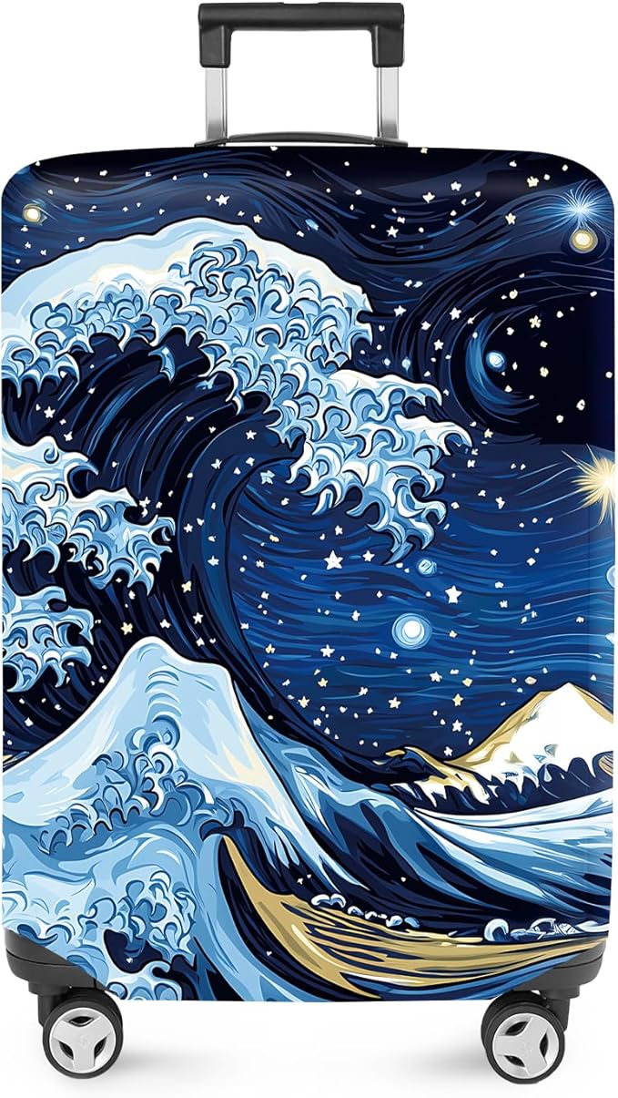 ANNA QUEEN Starry Ocean Wave Luggage Cover, Suitcase Protector with Artistic Van Gogh Style, Stretchable, Washable Travel Cover for 20-22 Inch Luggage