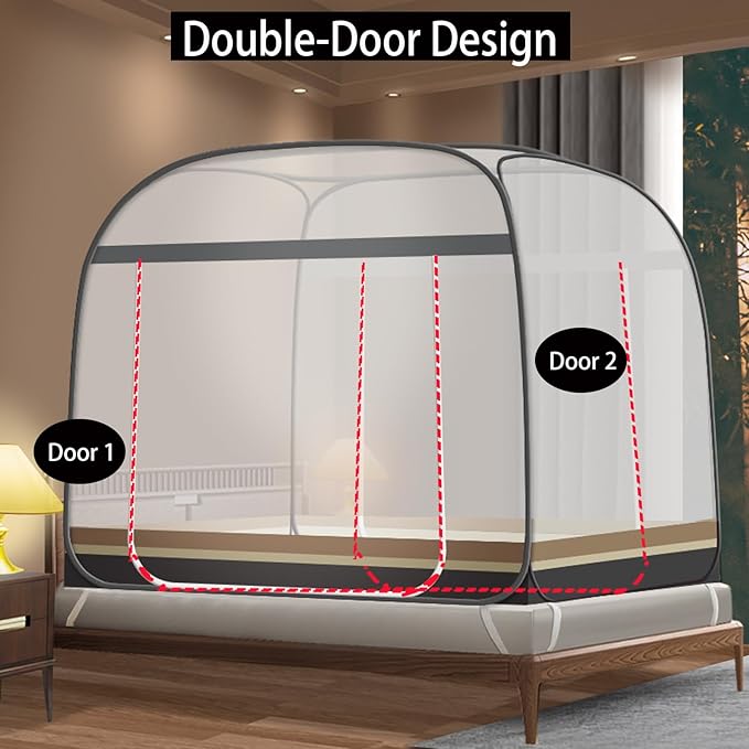 CMINGJ Mosquito Net for Bed, Portable pop up Mosquito Netting with Bottom, Free Installation-Suitable for Bedroom, Camping, Folding Portable Design for Baby Adults (Gray & Gray Bottom Edge)