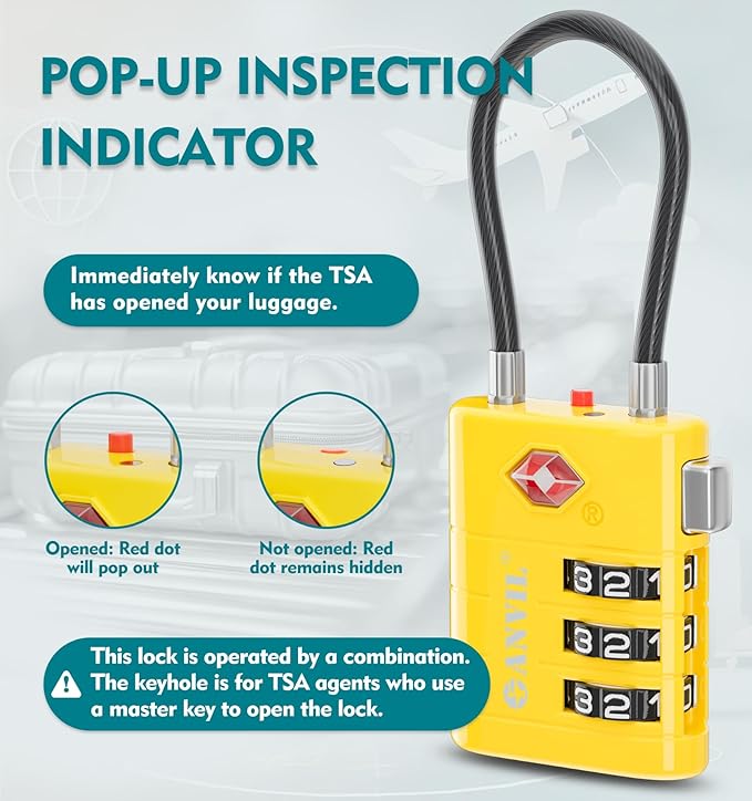 ANVIL TSA Approved Luggage Locks – High Security TSA008 Combination Travel Locks with Inspection Indicator for Suitcases and Backpacks. (3, Yellow)