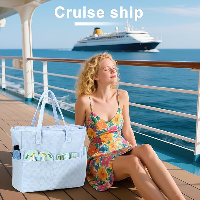LEDAOU Large Beach Tote Bag Women Waterproof Sandproof Zipper Beach Tote Bag for Pool Gym Grocery Travel with Wet Pocket