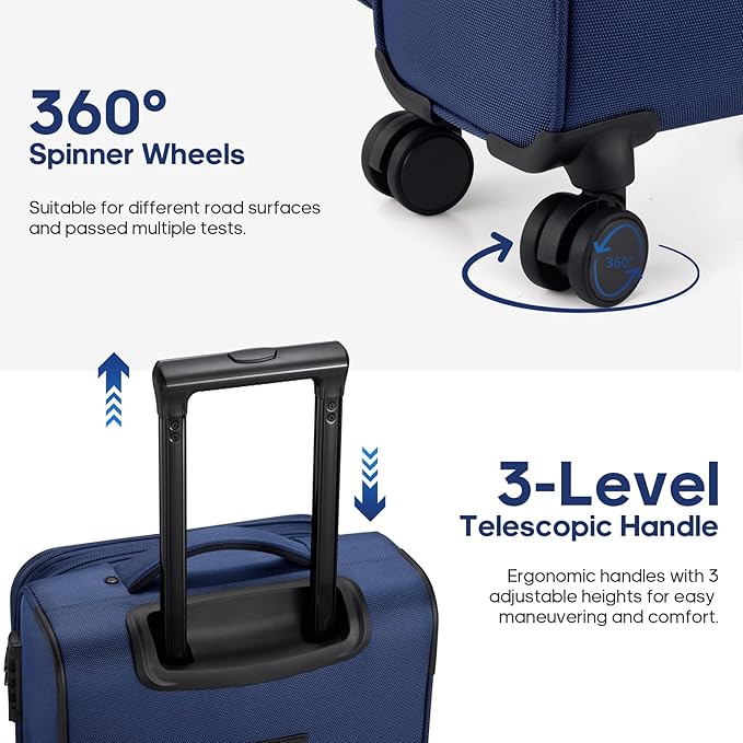 UKEIN Softside Expandable Carry On Luggage 22x14x9 Airline Approved, 20 Inch Carry On Suitcase with Wheels & TSA Lock, Travel Suitcase with 4-Piece Packing Bags for Women Men