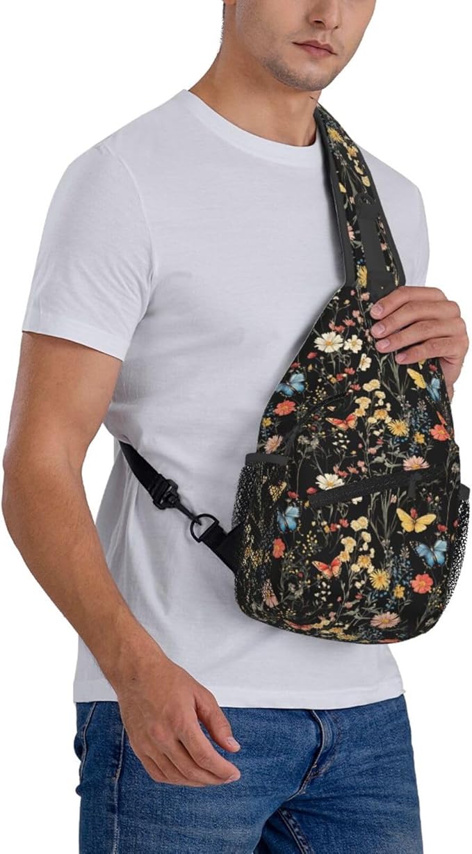 SUPLUCHOM Sling Bag Wildflower Botanical Butterfly Flower Hiking Daypack Crossbody Shoulder Backpack Travel Chest Pack for Men Women