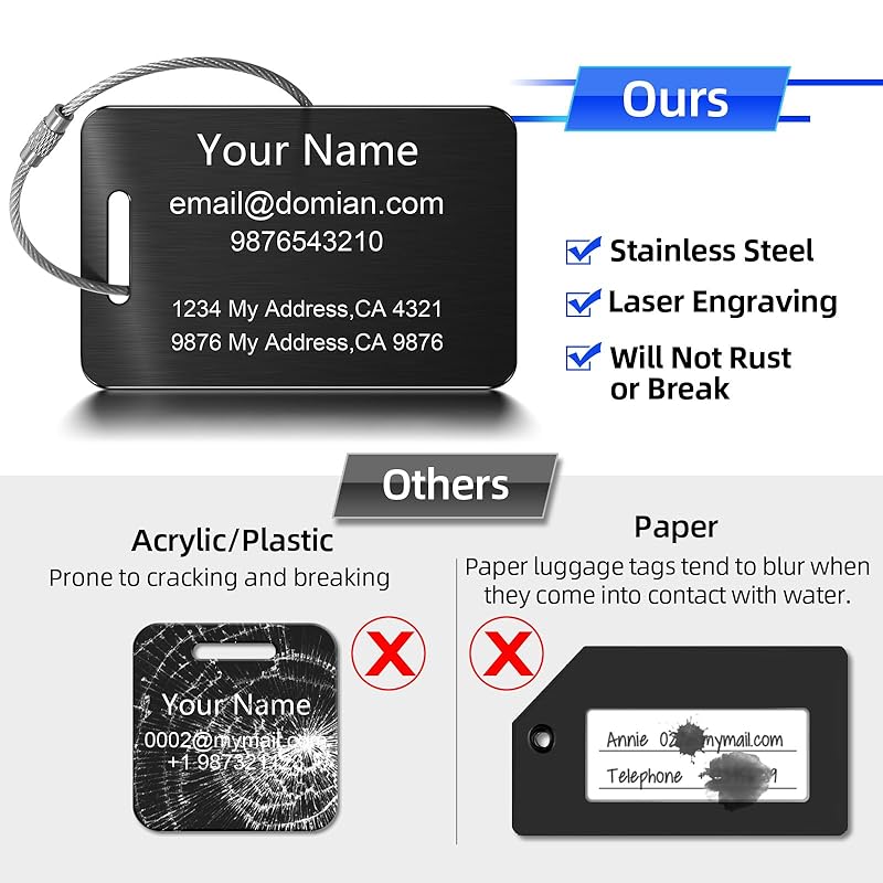 Stainless Steel Personalized Luggage Tags for Suitcases - Custom Name ID Travel Tags for Luggage, Backpacks, Baggage and Bags - Metal Unique Lable - Travel Essentials Accessories for Kids, Women, Men
