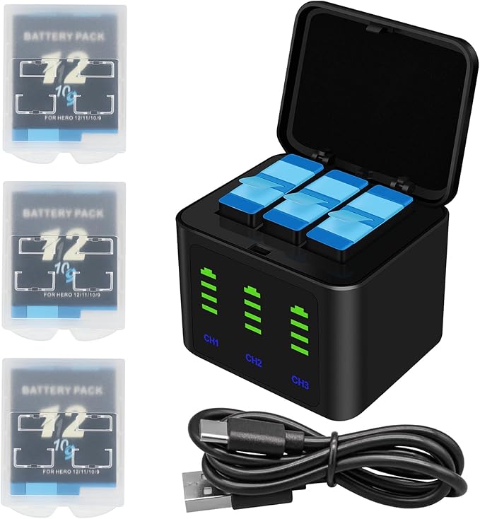 Battery Charger Kits for GoPro Hero 12 11 10 9 Black, 3-Pack 2000mAh Replacement Batteries + Triple Charge Case with Type-C Charging Cord for Go Pro 12 11 10 9 Official Batteries Accessories