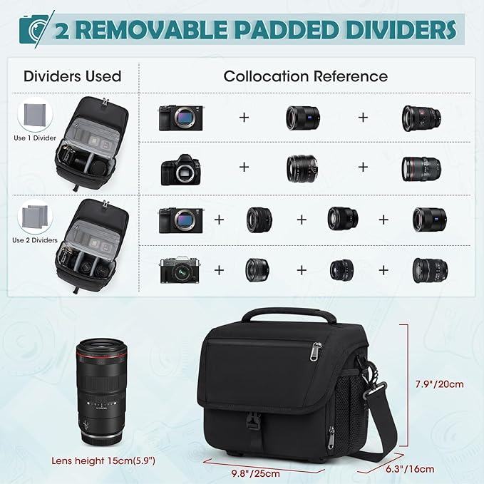 RAINSMORE Camera Bag, DSLR/SLR/Mirrorless Camera Case with Tripod Holder Waterproof Camera Sling Bag Crossbody Camera Bags for Photographers with Rain Cover for Canon/Nikon/Sony/Fuji, Black