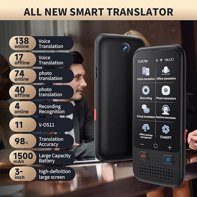 Language Translator Device, Upgraded ChatGpt AI Translator No WiFi Needed, 138 Languages Two Way Real-Time Voice Translation, Offline&Recording&Photo Translation for Travel Business Learning