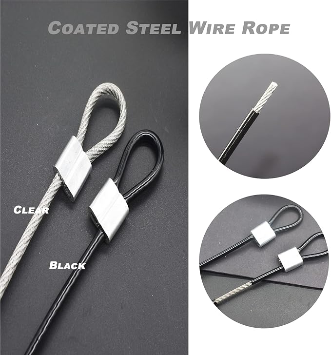 6 pcs 39 inch (100cm) 3mm Thickness Stainless Steel Wire Cable with Loops Vinyl Cover Coated Short Rope Lanyard Lock Safety Tether Chains, Black