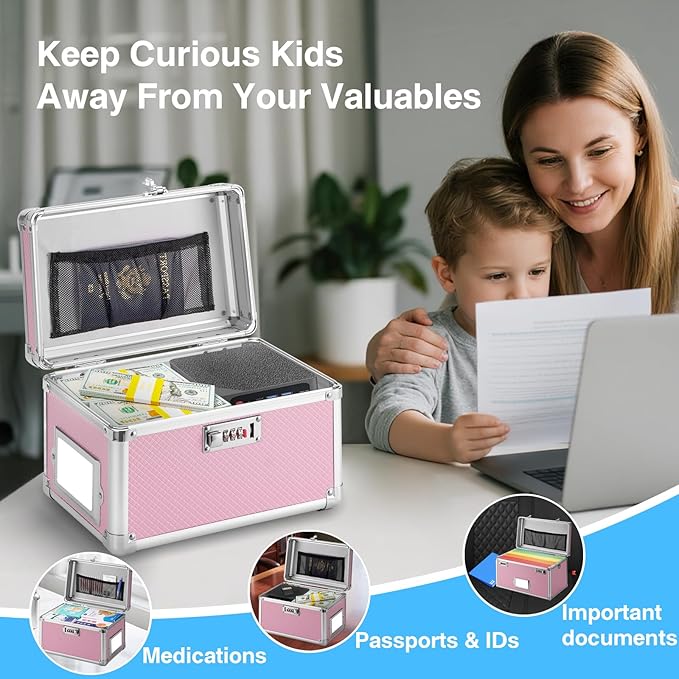 13.4 x 8 x 8.7 Inch Lockable Storage Box with Combination Lock, Portable Safe for Documents, Medicine, Cash & Valuables, Medicine Lock Box with Label Slot for Home, Office & Travel - Pink