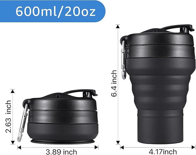 Collapsible Coffee Cup, 20 OZ 600ml Silicone Travel Folding Cup, Leak Proof BPA Free Portable Cup, Travel mug with Lids for Camping hiking (20OZ)