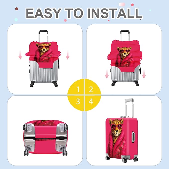 ANNA QUEEN Fashionable Leopard Luggage Cover, Leopard in Pink Coat and Sunglasses, Stretchable, Washable Travel Sleeve for 32-34 Inch Luggage